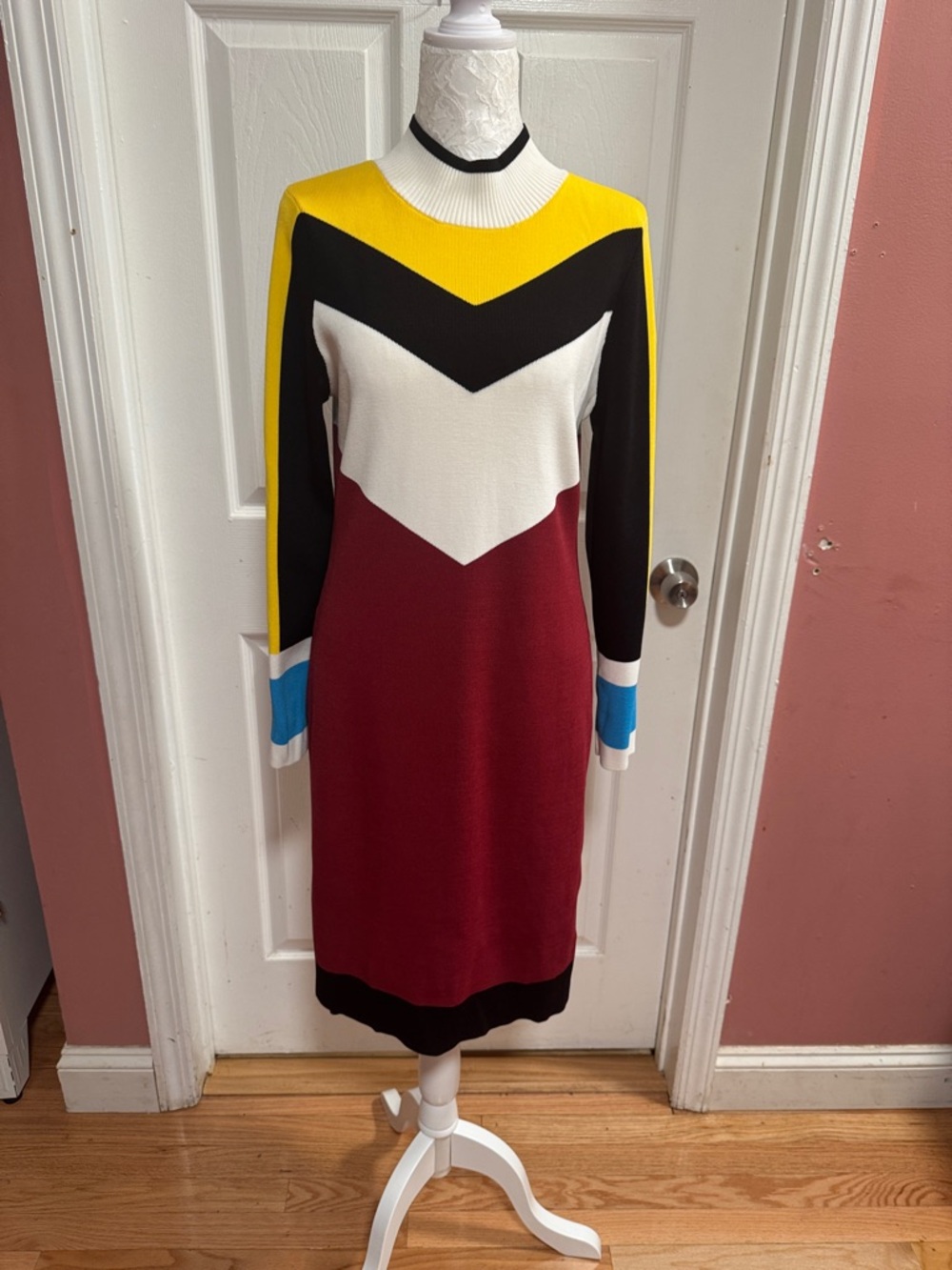 Colorblock Long Sleeve Sweater Dress in Yellow, Black & Burgundy NWOT